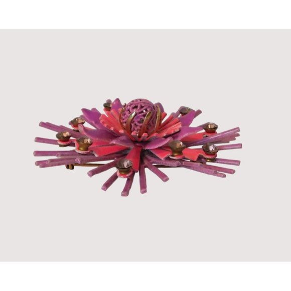 Vintage Starburst Pin Pink Purple Flower Crystals Statement Brooch Metal 2.5 In - Picture 3 of 7